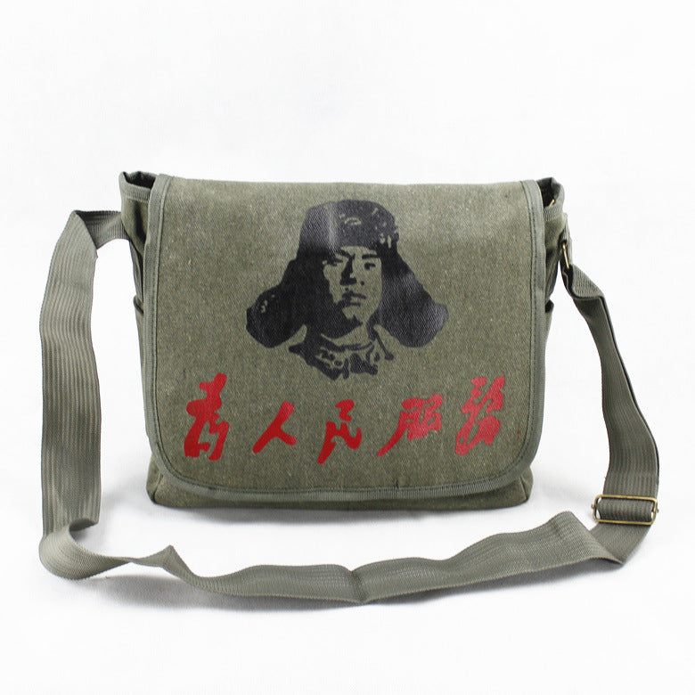 Vintage Mao Zedong "Serve the People" Red Army Bag, Lei Feng Canvas Five-Pointed Star Crossbody Bag, Red Star Shoulder Bag, Green Retro Style