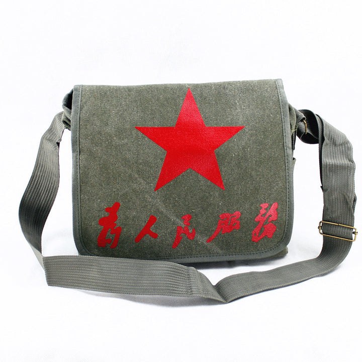 Vintage Mao Zedong "Serve the People" Red Army Bag, Lei Feng Canvas Five-Pointed Star Crossbody Bag, Red Star Shoulder Bag, Green Retro Style
