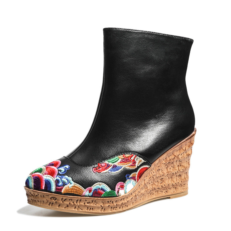 Botas de tobillo de corte medio bordadas estilo chino, botas casuales de cuña de cuero genuino con bordado de cremallera lateral, botas de tacón alto con punta puntiaguda