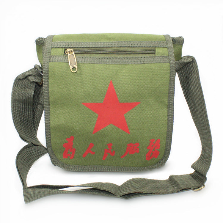 Vintage Mao Zedong "Serve the People" Red Army Bag, Lei Feng Canvas Five-Pointed Star Crossbody Bag, Red Star Shoulder Bag, Green Retro Style