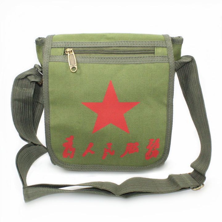 Vintage Mao Zedong "Serve the People" Red Army Bag, Lei Feng Canvas Five-Pointed Star Crossbody Bag, Red Star Shoulder Bag, Green Retro Style