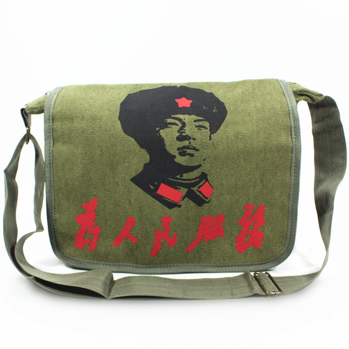 Vintage Mao Zedong "Serve the People" Red Army Bag, Lei Feng Canvas Five-Pointed Star Crossbody Bag, Red Star Shoulder Bag, Green Retro Style