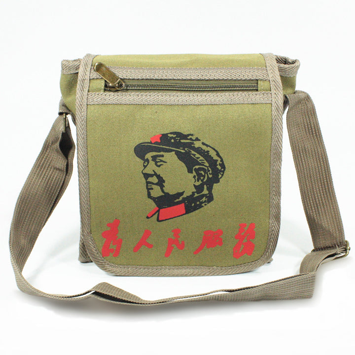 Vintage Mao Zedong "Serve the People" Red Army Bag, Lei Feng Canvas Five-Pointed Star Crossbody Bag, Red Star Shoulder Bag, Green Retro Style