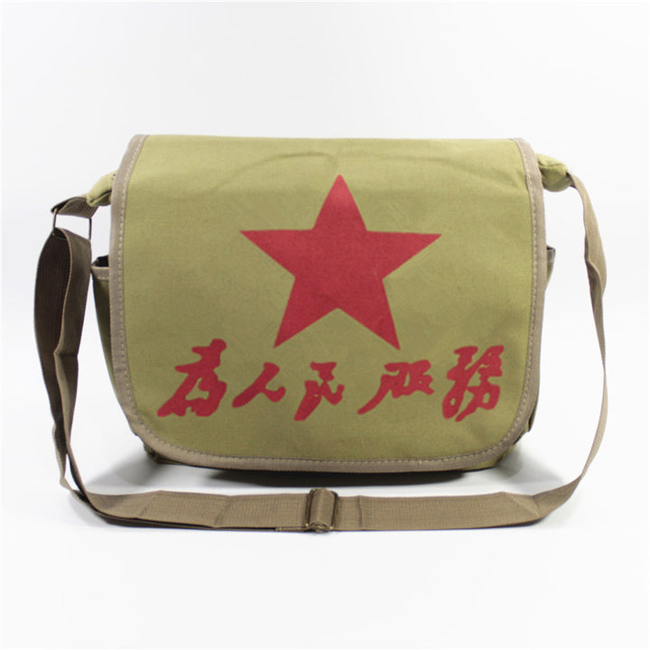 Vintage Mao Zedong "Serve the People" Red Army Bag, Lei Feng Canvas Five-Pointed Star Crossbody Bag, Red Star Shoulder Bag, Green Retro Style