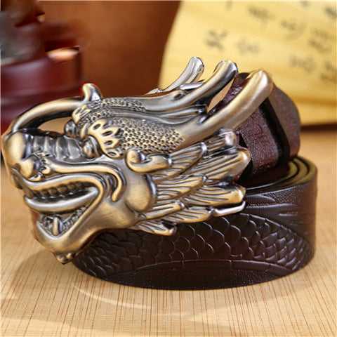 Cinturón de piel de dragón estilo chino para hombre: piel de vaca auténtica con hebilla lisa, diseño de dragón 3D, hebilla de placa llamativa y única. Envío directo disponible.