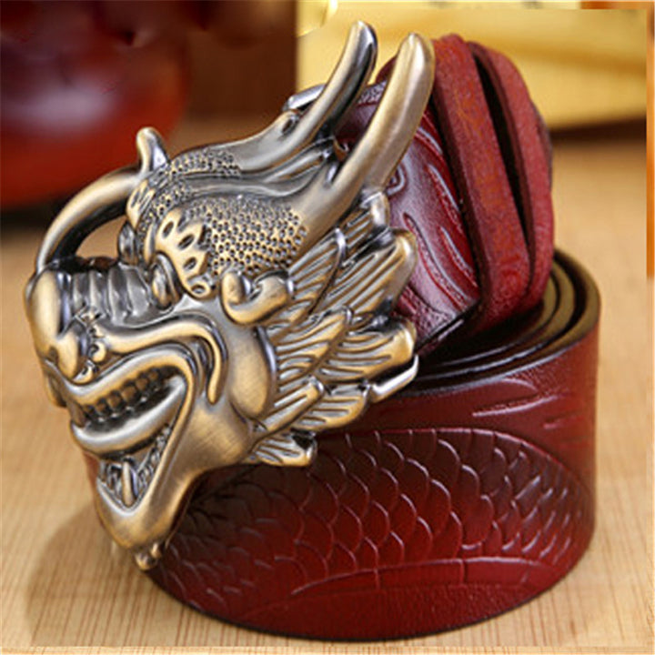 Cinturón de piel de dragón estilo chino para hombre: piel de vaca auténtica con hebilla lisa, diseño de dragón 3D, hebilla de placa llamativa y única. Envío directo disponible.