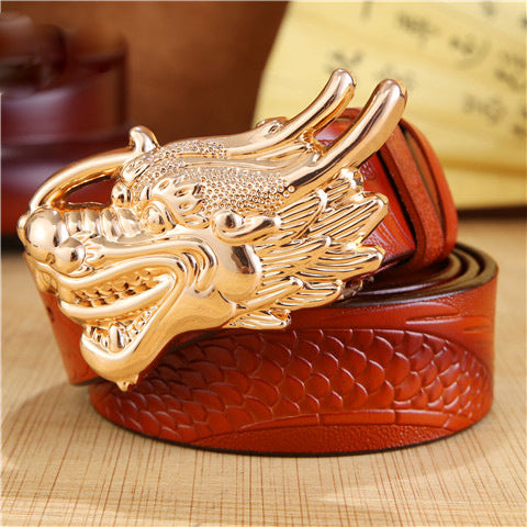Cinturón de piel de dragón estilo chino para hombre: piel de vaca auténtica con hebilla lisa, diseño de dragón 3D, hebilla de placa llamativa y única. Envío directo disponible.