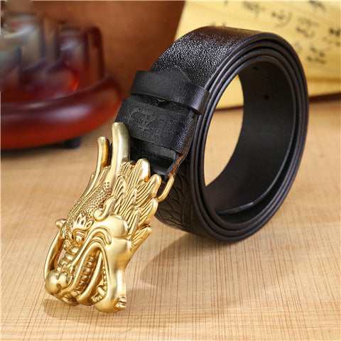 Cinturón de piel de dragón estilo chino para hombre: piel de vaca auténtica con hebilla lisa, diseño de dragón 3D, hebilla de placa llamativa y única. Envío directo disponible.