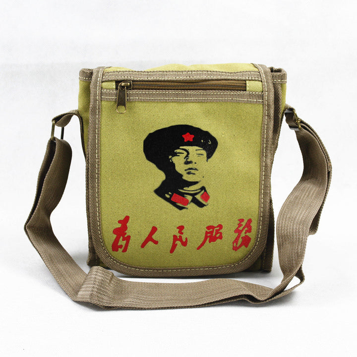 Vintage Mao Zedong "Serve the People" Red Army Bag, Lei Feng Canvas Five-Pointed Star Crossbody Bag, Red Star Shoulder Bag, Green Retro Style