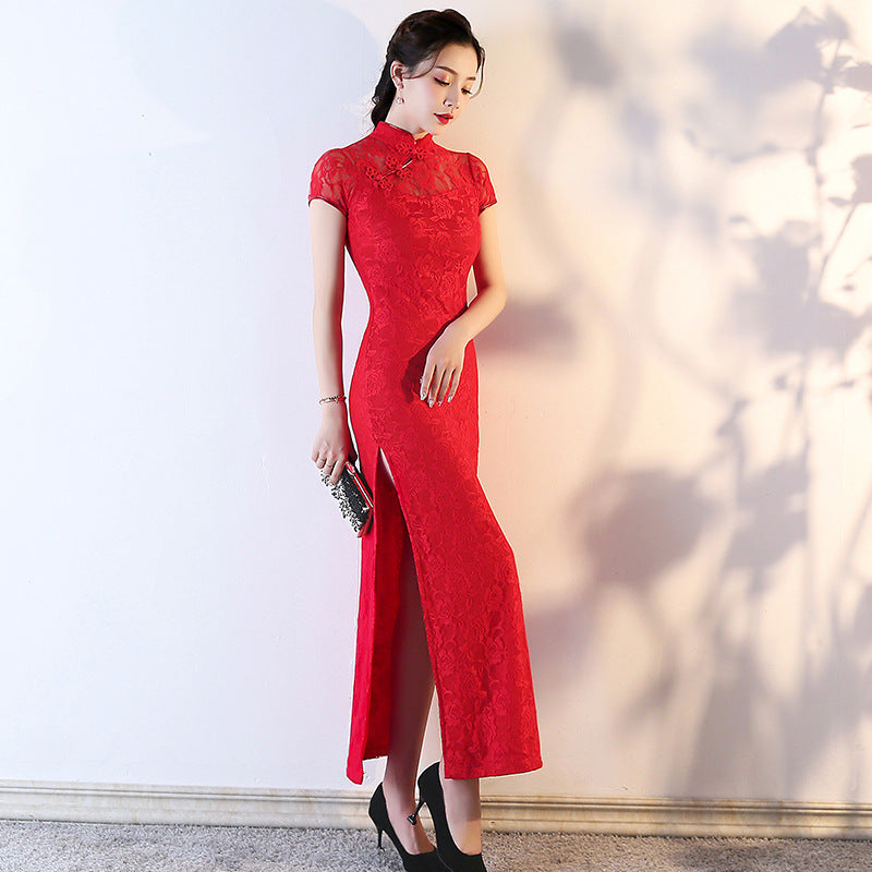 Elegante cheongsam de encaje: vestido largo estilo Shanghái, recién llegado en verano, para actuaciones y eventos.