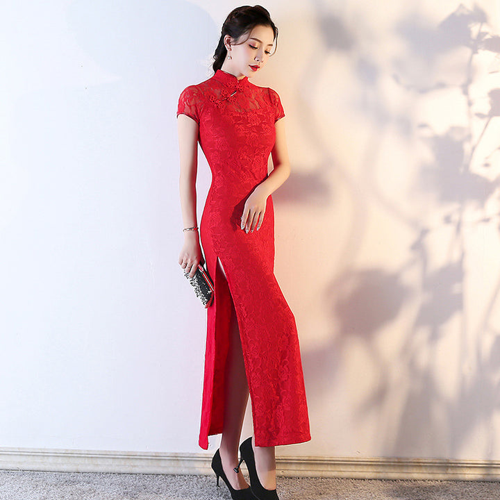 Elegante cheongsam de encaje: vestido largo estilo Shanghái, recién llegado en verano, para actuaciones y eventos.