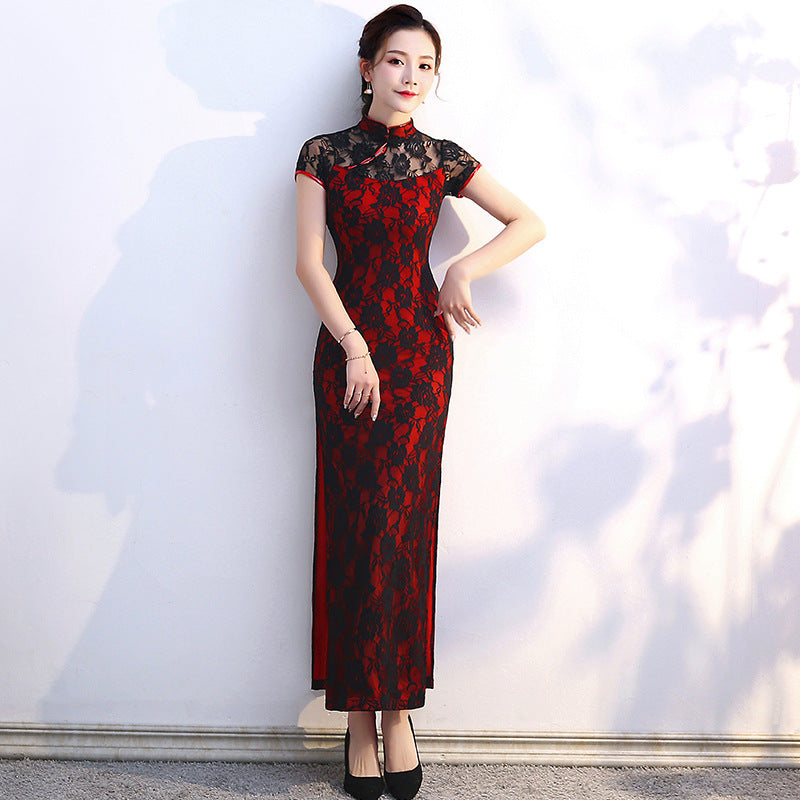 Elegante cheongsam de encaje: vestido largo estilo Shanghái, recién llegado en verano, para actuaciones y eventos.