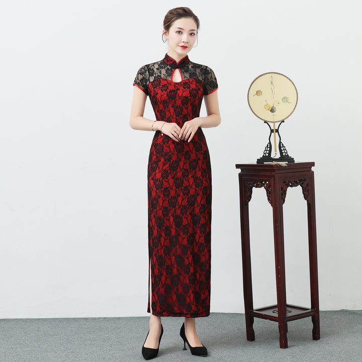 Elegante cheongsam de encaje: vestido largo estilo Shanghái, recién llegado en verano, para actuaciones y eventos.