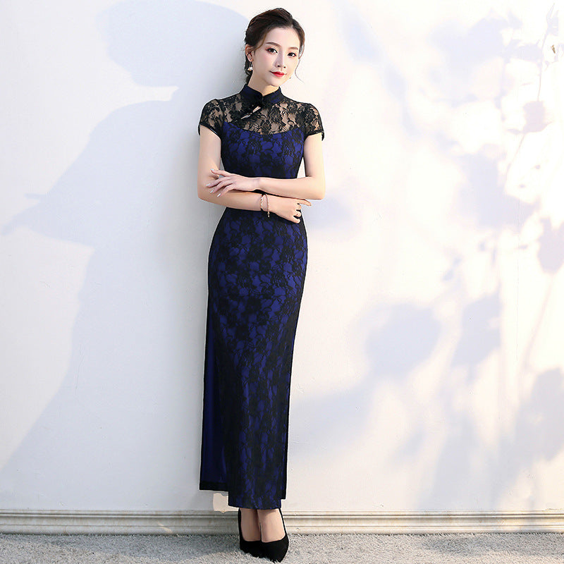 Elegante cheongsam de encaje: vestido largo estilo Shanghái, recién llegado en verano, para actuaciones y eventos.