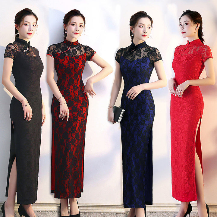 Elegante cheongsam de encaje: vestido largo estilo Shanghái, recién llegado en verano, para actuaciones y eventos.