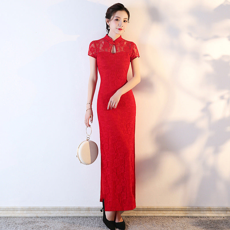 Elegante cheongsam de encaje: vestido largo estilo Shanghái, recién llegado en verano, para actuaciones y eventos.