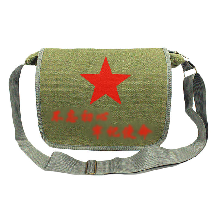 Vintage Mao Zedong "Serve the People" Red Army Bag, Lei Feng Canvas Five-Pointed Star Crossbody Bag, Red Star Shoulder Bag, Green Retro Style