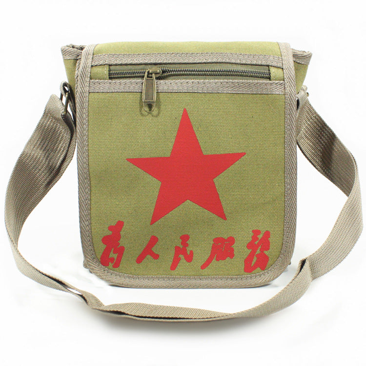 Vintage Mao Zedong "Serve the People" Red Army Bag, Lei Feng Canvas Five-Pointed Star Crossbody Bag, Red Star Shoulder Bag, Green Retro Style