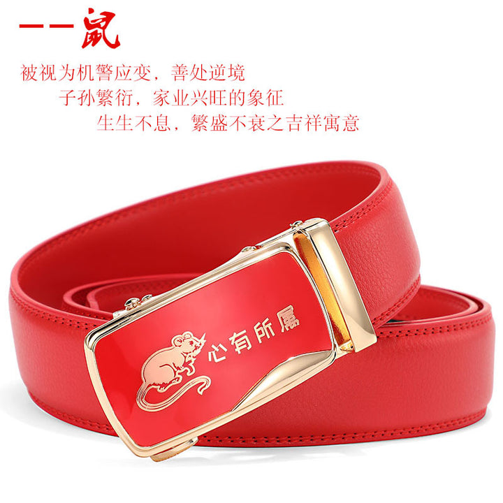 Cinturón de piel con hebilla automática para hombre: piel de vacuno auténtica, 12 animales del zodiaco, color rojo, regalo de boda perfecto.
