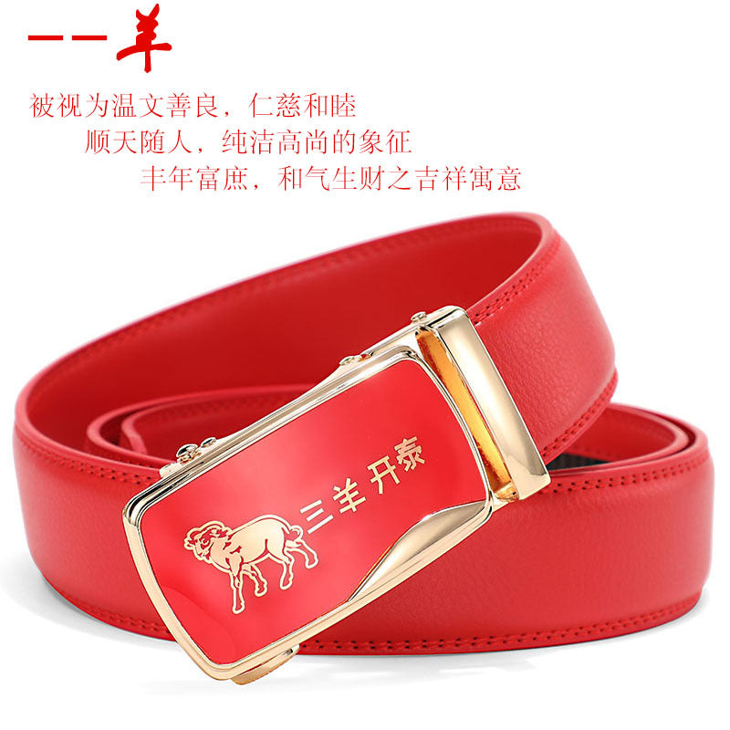 Cinturón de piel con hebilla automática para hombre: piel de vacuno auténtica, 12 animales del zodiaco, color rojo, regalo de boda perfecto.