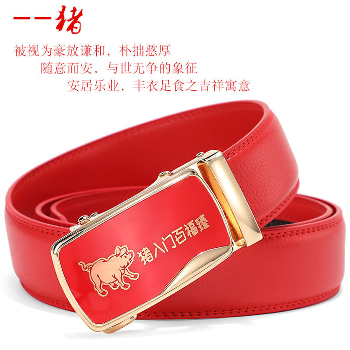 Cinturón de piel con hebilla automática para hombre: piel de vacuno auténtica, 12 animales del zodiaco, color rojo, regalo de boda perfecto.
