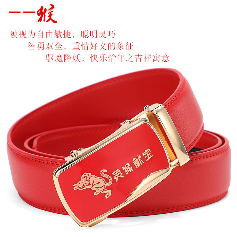 Cinturón de piel con hebilla automática para hombre: piel de vacuno auténtica, 12 animales del zodiaco, color rojo, regalo de boda perfecto.