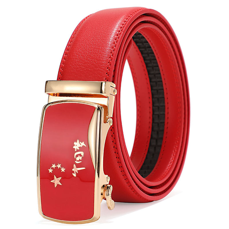 Cinturón de piel con hebilla automática para hombre: piel de vacuno auténtica, 12 animales del zodiaco, color rojo, regalo de boda perfecto.