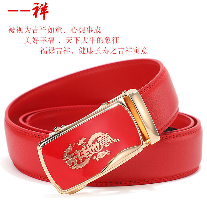 Cinturón de piel con hebilla automática para hombre: piel de vacuno auténtica, 12 animales del zodiaco, color rojo, regalo de boda perfecto.