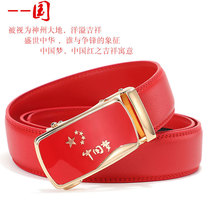 Cinturón de piel con hebilla automática para hombre: piel de vacuno auténtica, 12 animales del zodiaco, color rojo, regalo de boda perfecto.