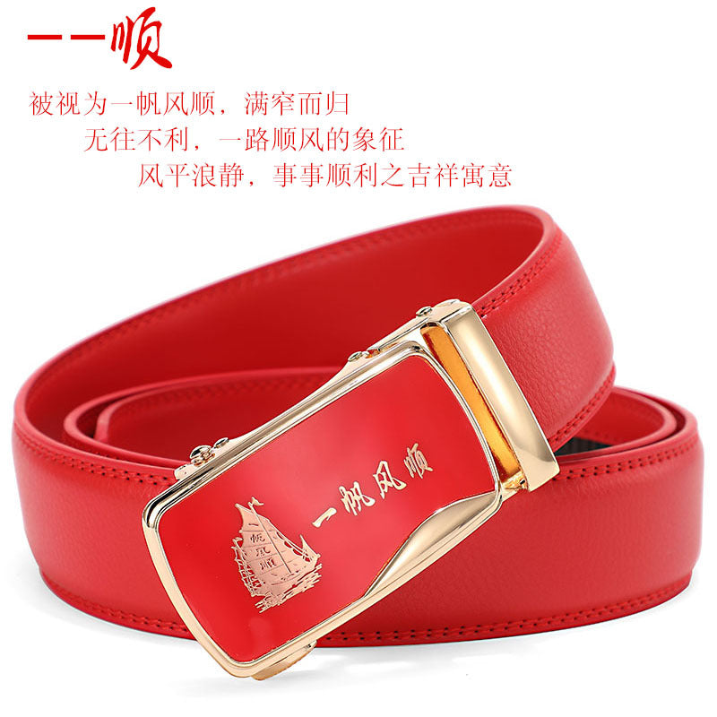 Cinturón de piel con hebilla automática para hombre: piel de vacuno auténtica, 12 animales del zodiaco, color rojo, regalo de boda perfecto.