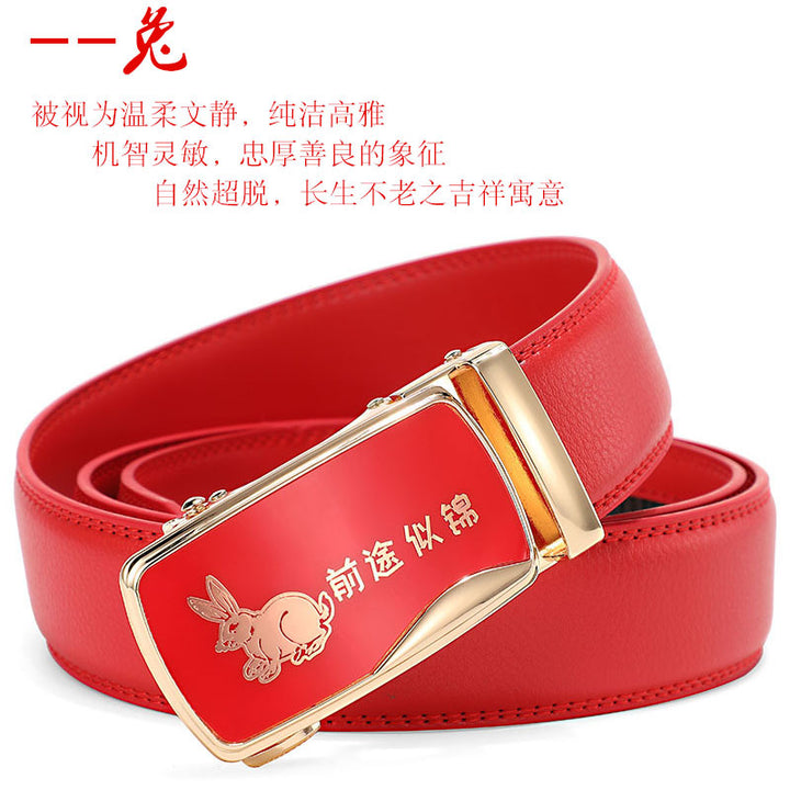 Cinturón de piel con hebilla automática para hombre: piel de vacuno auténtica, 12 animales del zodiaco, color rojo, regalo de boda perfecto.