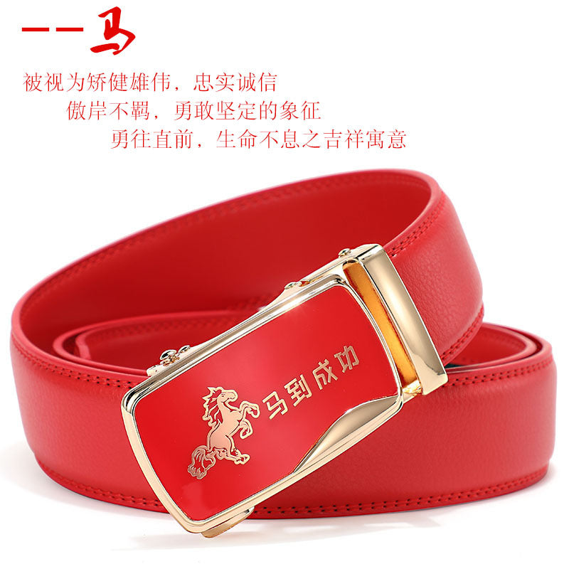 Cinturón de piel con hebilla automática para hombre: piel de vacuno auténtica, 12 animales del zodiaco, color rojo, regalo de boda perfecto.
