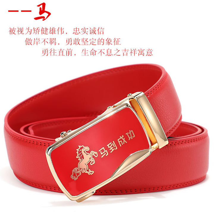 Cinturón de piel con hebilla automática para hombre: piel de vacuno auténtica, 12 animales del zodiaco, color rojo, regalo de boda perfecto.