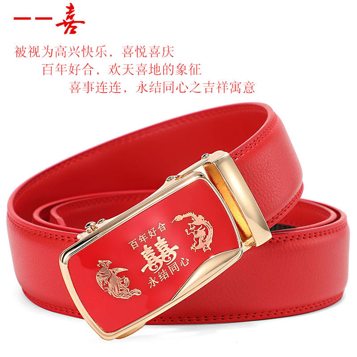 Cinturón de piel con hebilla automática para hombre: piel de vacuno auténtica, 12 animales del zodiaco, color rojo, regalo de boda perfecto.