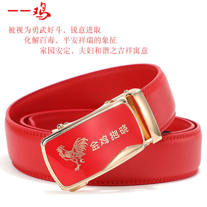 Cinturón de piel con hebilla automática para hombre: piel de vacuno auténtica, 12 animales del zodiaco, color rojo, regalo de boda perfecto.