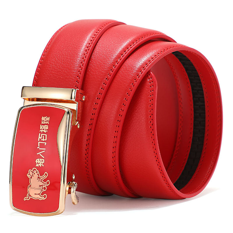 Cinturón de piel con hebilla automática para hombre: piel de vacuno auténtica, 12 animales del zodiaco, color rojo, regalo de boda perfecto.
