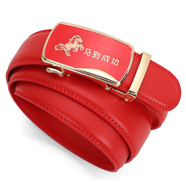 Cinturón de piel con hebilla automática para hombre: piel de vacuno auténtica, 12 animales del zodiaco, color rojo, regalo de boda perfecto.