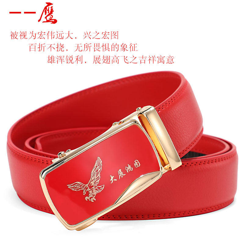 Cinturón de piel con hebilla automática para hombre: piel de vacuno auténtica, 12 animales del zodiaco, color rojo, regalo de boda perfecto.