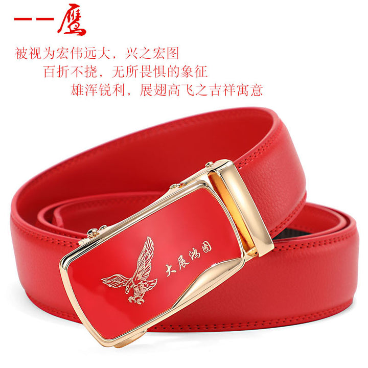 Cinturón de piel con hebilla automática para hombre: piel de vacuno auténtica, 12 animales del zodiaco, color rojo, regalo de boda perfecto.