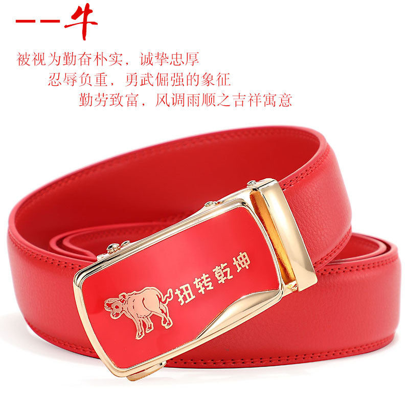 Cinturón de piel con hebilla automática para hombre: piel de vacuno auténtica, 12 animales del zodiaco, color rojo, regalo de boda perfecto.