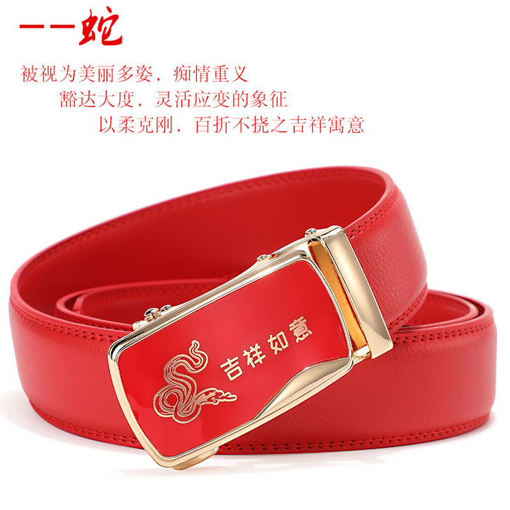 Cinturón de piel con hebilla automática para hombre: piel de vacuno auténtica, 12 animales del zodiaco, color rojo, regalo de boda perfecto.