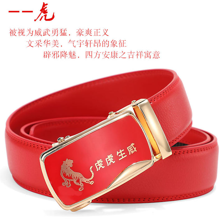 Cinturón de piel con hebilla automática para hombre: piel de vacuno auténtica, 12 animales del zodiaco, color rojo, regalo de boda perfecto.