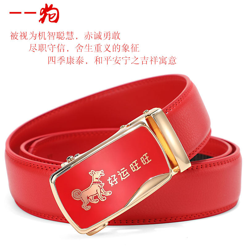 Cinturón de piel con hebilla automática para hombre: piel de vacuno auténtica, 12 animales del zodiaco, color rojo, regalo de boda perfecto.