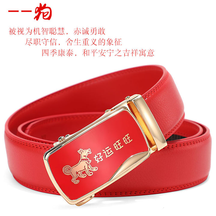 Cinturón de piel con hebilla automática para hombre: piel de vacuno auténtica, 12 animales del zodiaco, color rojo, regalo de boda perfecto.