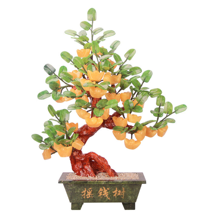 天然玉盆景发财树 - 繁荣与财富玉雕
