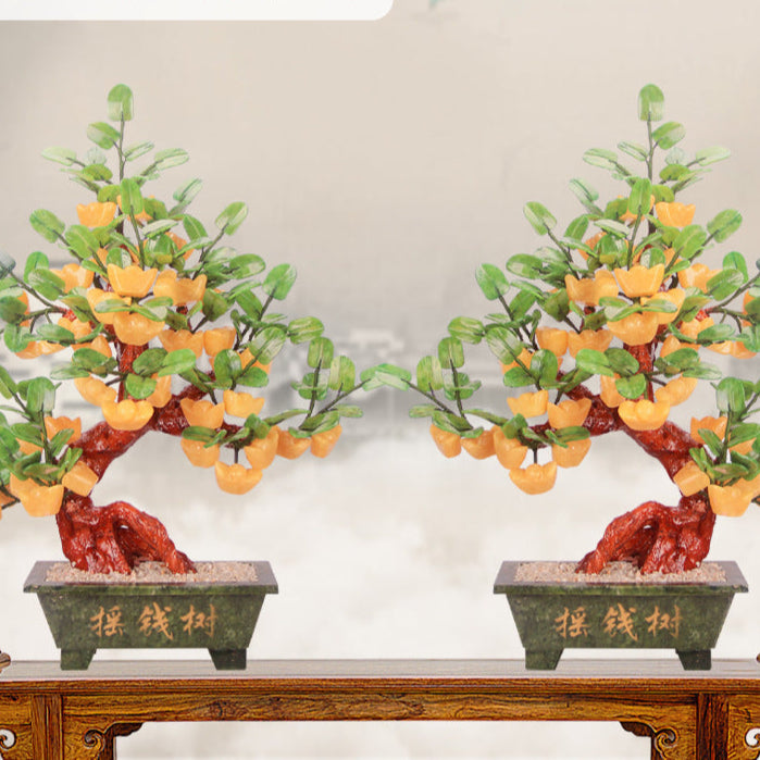 天然玉盆景发财树 - 繁荣与财富玉雕