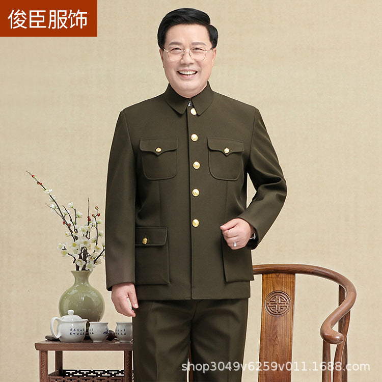 Traje Zhongshan de lana verde militar para hombre | Traje holgado de abuelo | Ropa formal de invierno de estilo chino