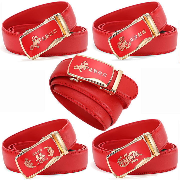 Cinturón de piel con hebilla automática para hombre: piel de vacuno auténtica, 12 animales del zodiaco, color rojo, regalo de boda perfecto.