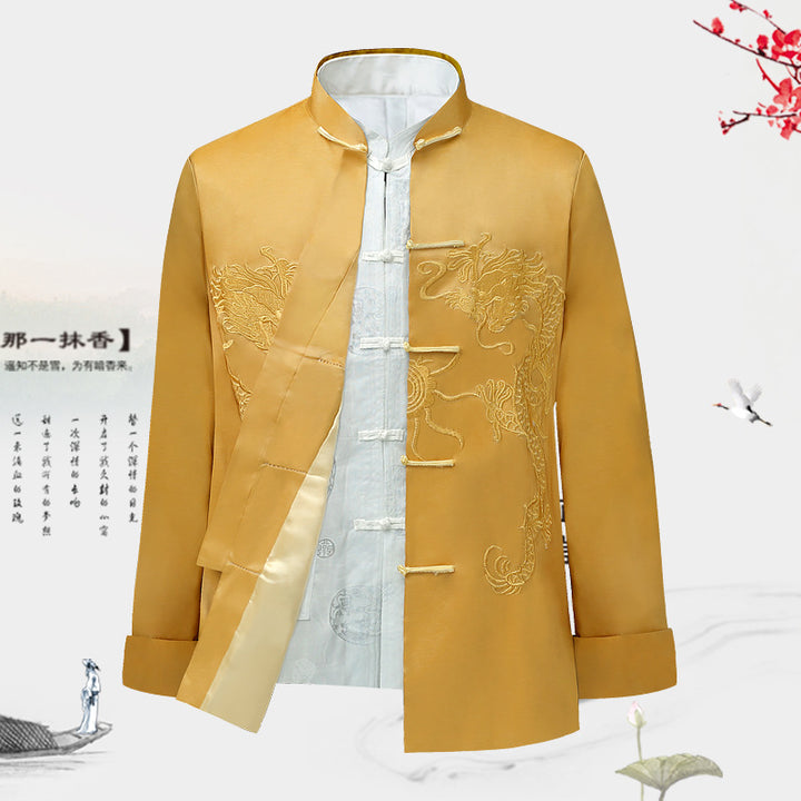 Nueva chaqueta Tang de otoño para hombres | Chaqueta de estilo chino con patrón de dragón bordado | Túnica Hanfu tradicional de manga larga para hombres de mediana edad