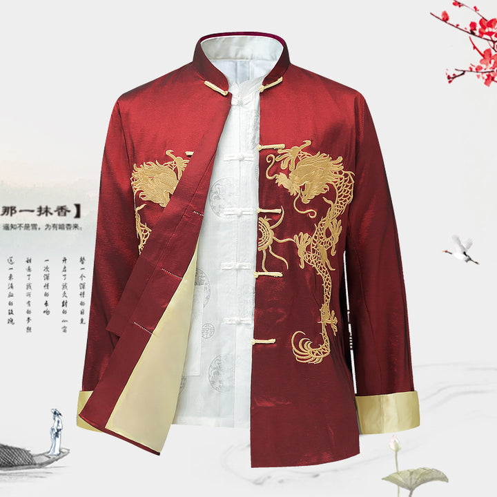 Nueva chaqueta Tang de otoño para hombres | Chaqueta de estilo chino con patrón de dragón bordado | Túnica Hanfu tradicional de manga larga para hombres de mediana edad